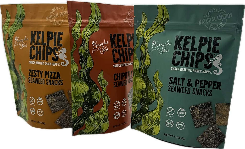 Variety of chips in sealable stand up pouch packaging.