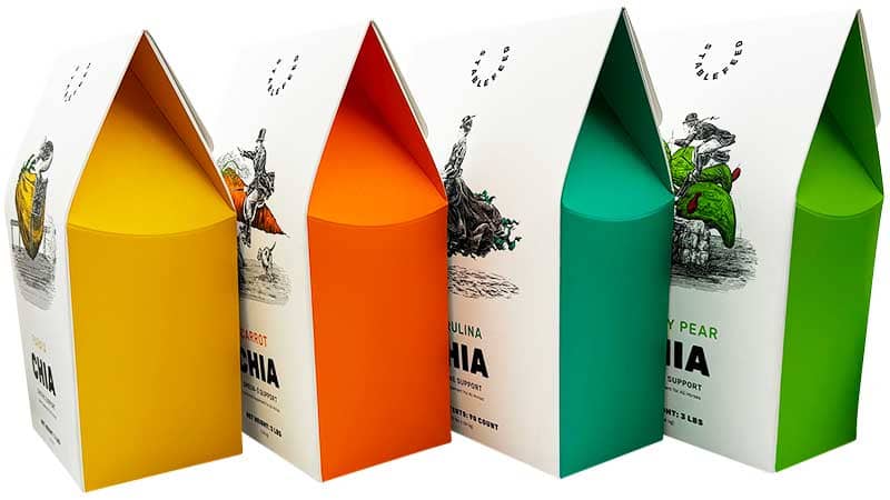 Colorful product packaging samples using custom inks.